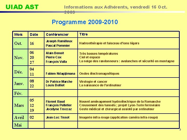 UIAD AST Informations aux Adhérents, vendredi 16 Oct. 2009 Programme 2009 -2010 Mois Date