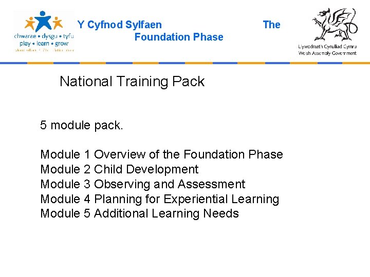 Y Cyfnod Sylfaen Foundation Phase The National Training Pack 5 module pack. Module 1