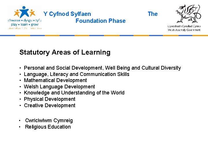 Y Cyfnod Sylfaen Foundation Phase The Statutory Areas of Learning • • Personal and