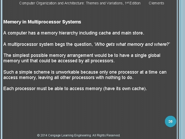 Computer Organization and Architecture: Themes and Variations, 1 st Edition Clements Memory in Multiprocessor