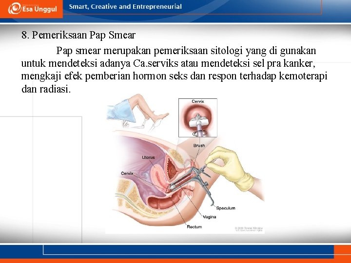 8. Pemeriksaan Pap Smear Pap smear merupakan pemeriksaan sitologi yang di gunakan untuk mendeteksi