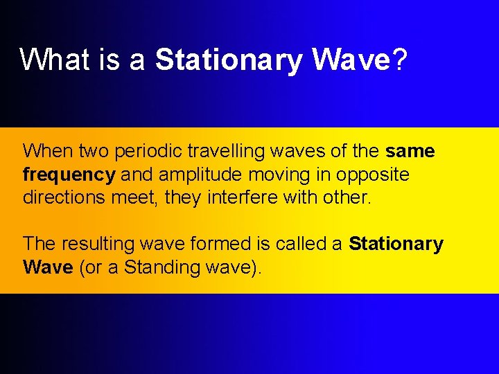 What is a Stationary Wave? When two periodic travelling waves of the same frequency