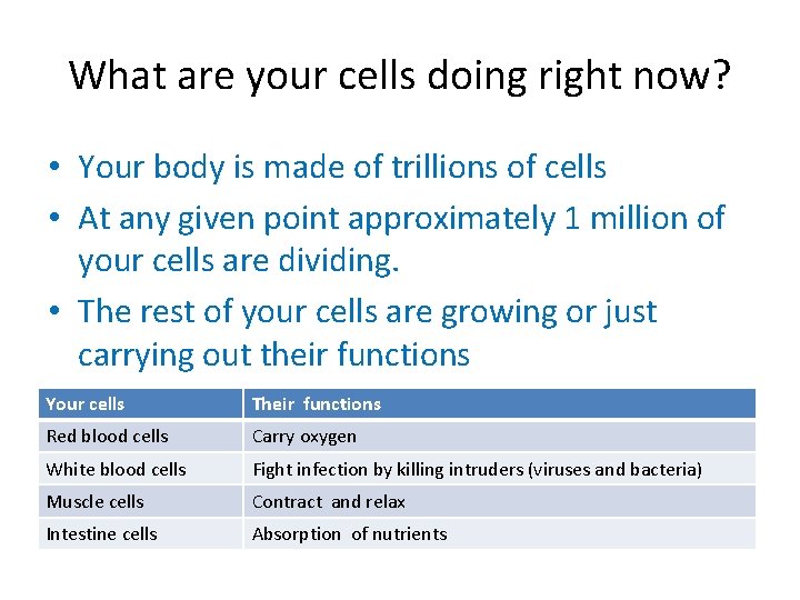 What are your cells doing right now? • Your body is made of trillions