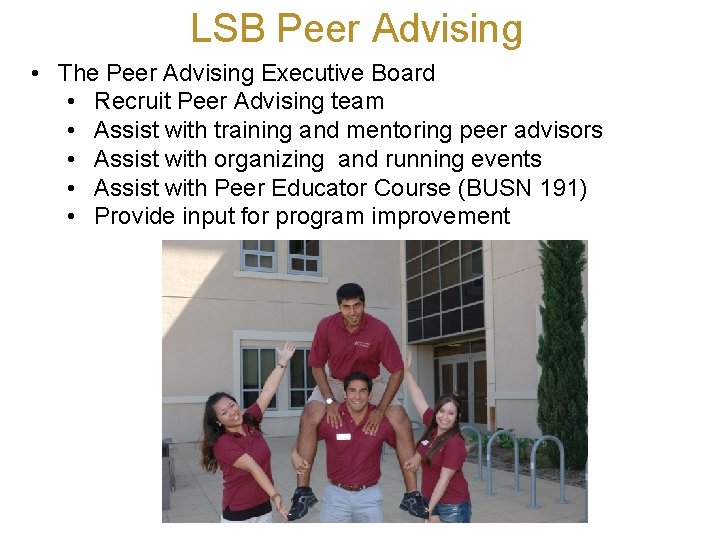 LSB Peer Advising • The Peer Advising Executive Board • Recruit Peer Advising team