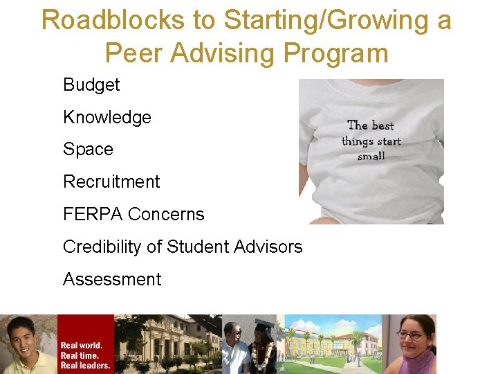 Roadblocks to Starting/Growing a Peer Advising Program Budget Knowledge Space Recruitment FERPA Concerns Credibility