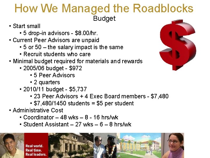 How We Managed the Roadblocks Budget • Start small • 5 drop-in advisors -