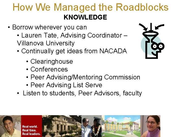 How We Managed the Roadblocks KNOWLEDGE • Borrow wherever you can • Lauren Tate,