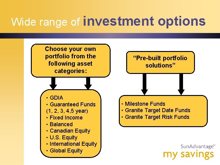 Wide range of investment Choose your own portfolio from the following asset categories: •