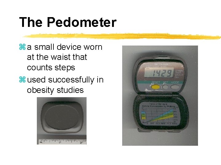 The Pedometer z a small device worn at the waist that counts steps z