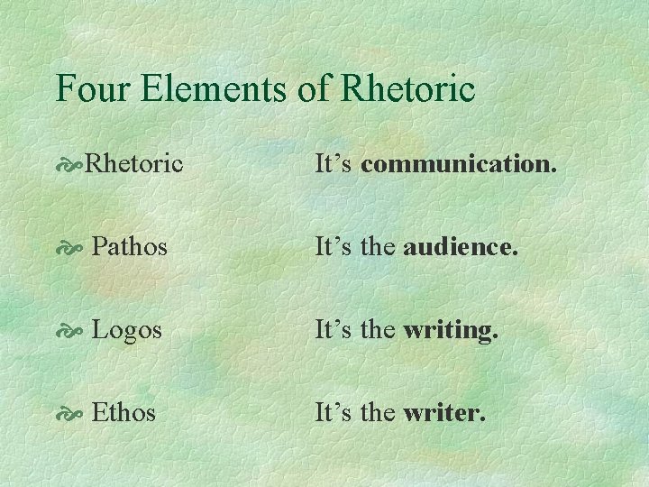 Four Elements of Rhetoric It’s communication. Pathos It’s the audience. Logos It’s the writing.