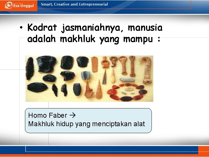  • Kodrat jasmaniahnya, manusia adalah makhluk yang mampu : Homo Faber Makhluk hidup