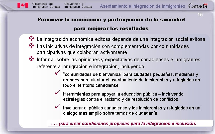 Asentamiento e integración de inmigrantes Promover la conciencia y participación de la sociedad 15