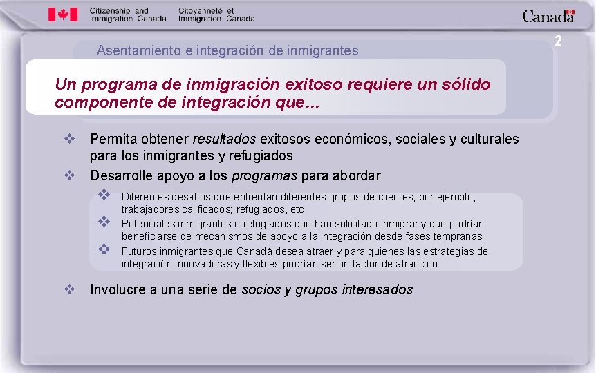 Asentamiento e integración de inmigrantes Un programa de inmigración exitoso requiere un sólido componente
