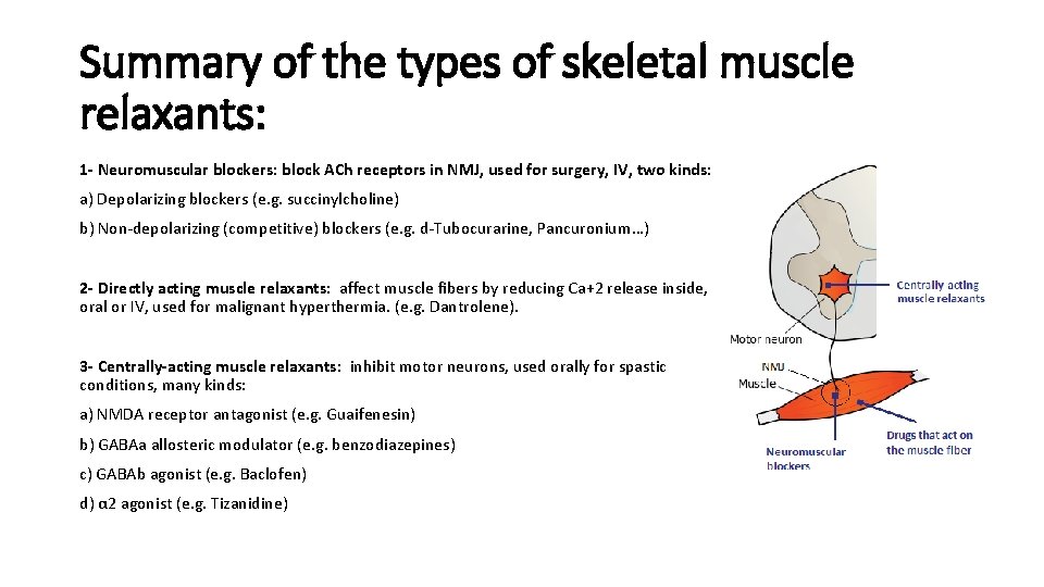 Summary of the types of skeletal muscle relaxants: 1 - Neuromuscular blockers: block ACh