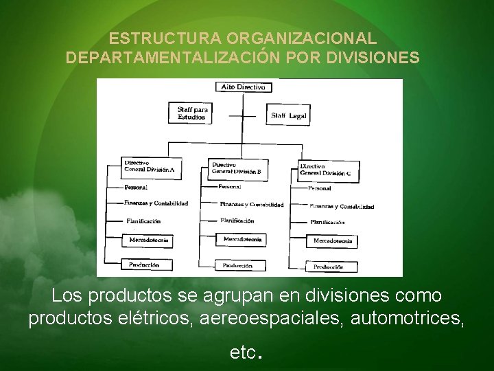 ESTRUCTURA ORGANIZACIONAL DEPARTAMENTALIZACIÓN POR DIVISIONES Los productos se agrupan en divisiones como productos elétricos,