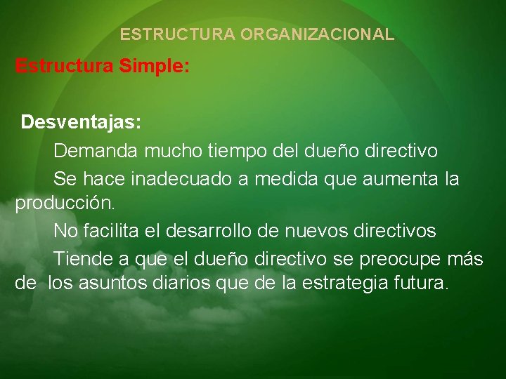 ESTRUCTURA ORGANIZACIONAL Estructura Simple: Desventajas: Demanda mucho tiempo del dueño directivo Se hace inadecuado