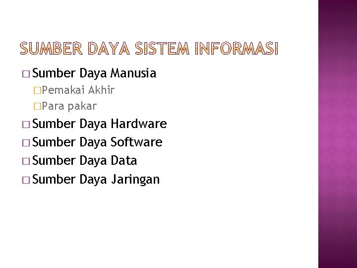 � Sumber Daya Manusia �Pemakai Akhir �Para pakar � Sumber Daya Hardware Software Data