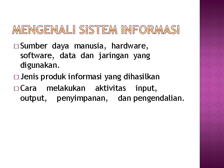 � Sumber daya manusia, hardware, software, data dan jaringan yang digunakan. � Jenis produk