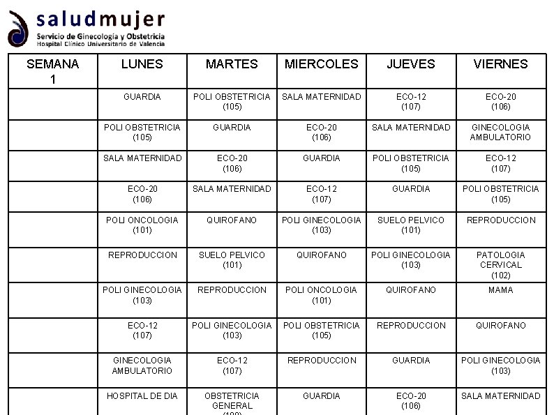 SEMANA 1 LUNES MARTES MIERCOLES JUEVES VIERNES GUARDIA POLI OBSTETRICIA (105) SALA MATERNIDAD ECO-12