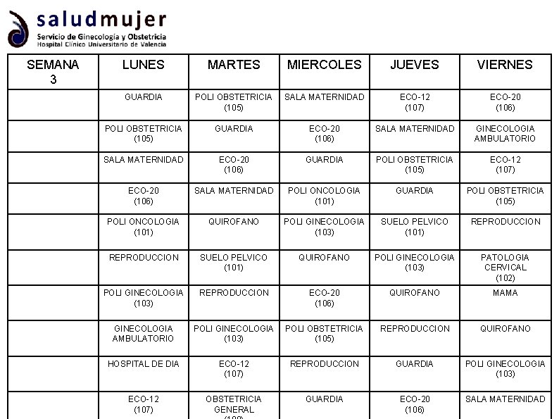 SEMANA 3 LUNES MARTES MIERCOLES JUEVES VIERNES GUARDIA POLI OBSTETRICIA (105) SALA MATERNIDAD ECO-12