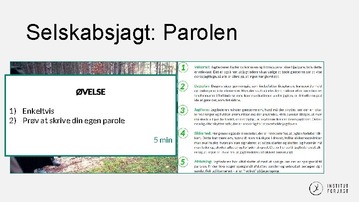 Selskabsjagt: Parolen ØVELSE 1) Enkeltvis Husk at fjerne 2) Prøv at skrive din egen