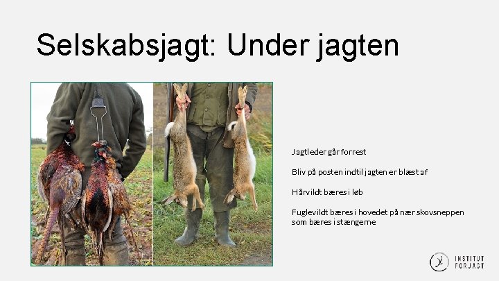 Selskabsjagt: Under jagten Jagtleder går forrest Bliv på posten indtil jagten er blæst af