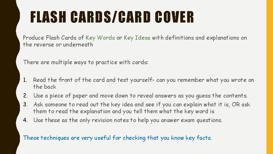 FLASH CARDS/CARD COVER Produce Flash Cards of Key Words or Key Ideas with definitions