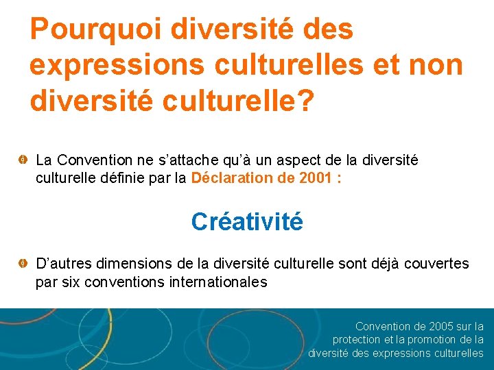 Pourquoi diversité des expressions culturelles et non diversité culturelle? La Convention ne s’attache qu’à