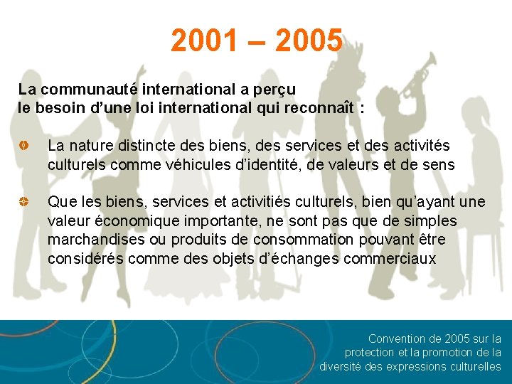 2001 – 2005 La communauté international a perçu le besoin d’une loi international qui