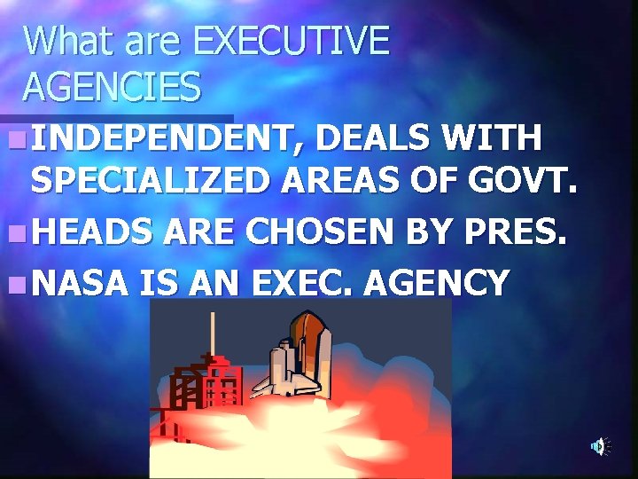 What are EXECUTIVE AGENCIES n INDEPENDENT, DEALS WITH SPECIALIZED AREAS OF GOVT. n HEADS