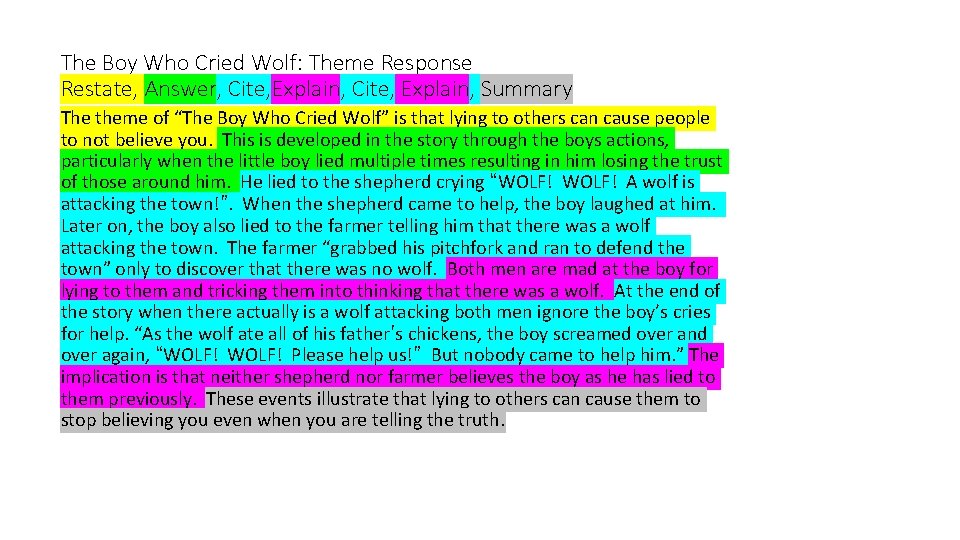 The Boy Who Cried Wolf: Theme Response Restate, Answer, Cite, Explain, Summary The theme