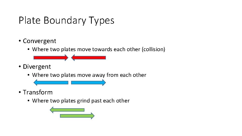 Plate Boundary Types • Convergent • Where two plates move towards each other (collision)