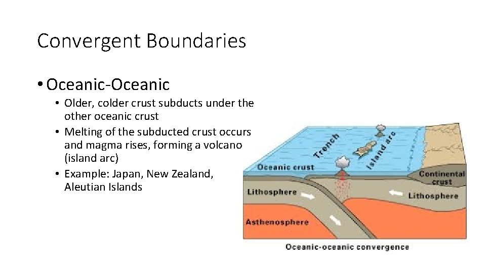 Convergent Boundaries • Oceanic-Oceanic • Older, colder crust subducts under the other oceanic crust