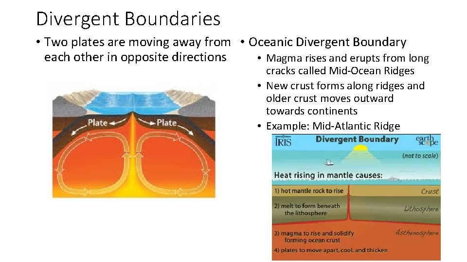 Divergent Boundaries • Two plates are moving away from • Oceanic Divergent Boundary each