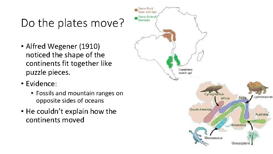 Do the plates move? • Alfred Wegener (1910) noticed the shape of the continents