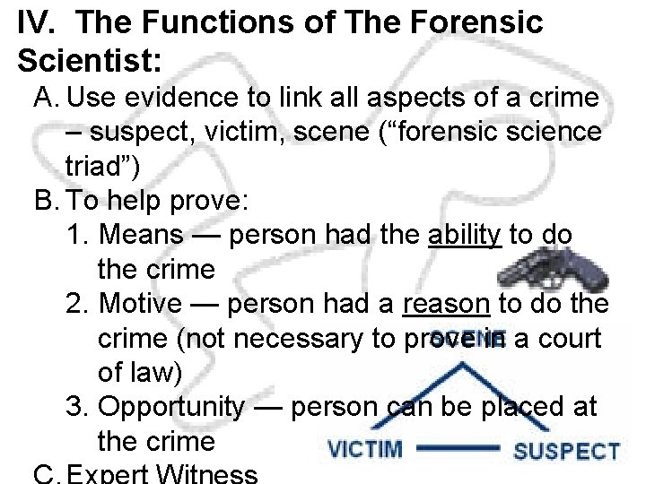 IV. The Functions of The Forensic Scientist: A. Use evidence to link all aspects
