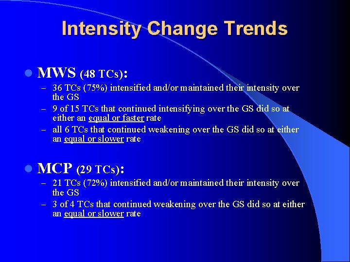 Intensity Change Trends l MWS (48 TCs): – 36 TCs (75%) intensified and/or maintained