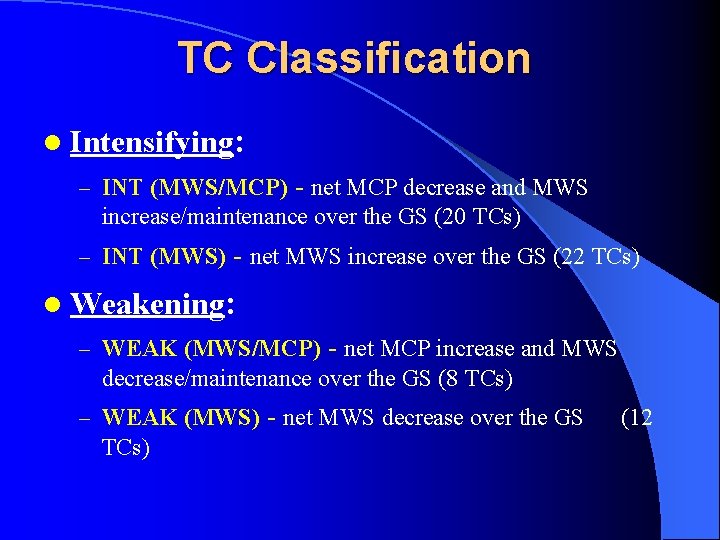 TC Classification l Intensifying: – INT (MWS/MCP) - net MCP decrease and MWS increase/maintenance