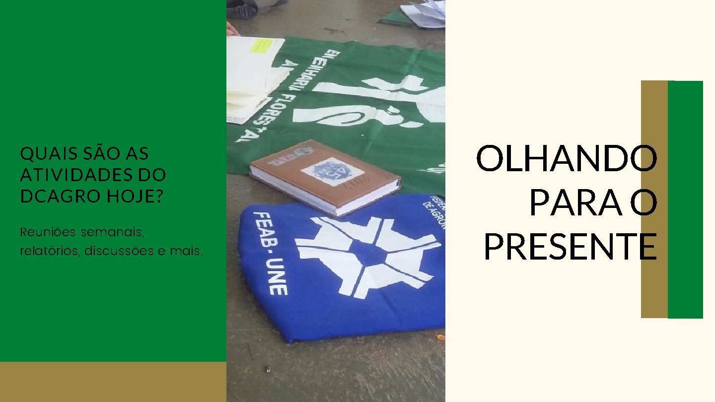 QUAIS SÃO AS ATIVIDADES DO DCAGRO HOJE? Reuniões semanais, relatórios, discussões e mais. OLHANDO