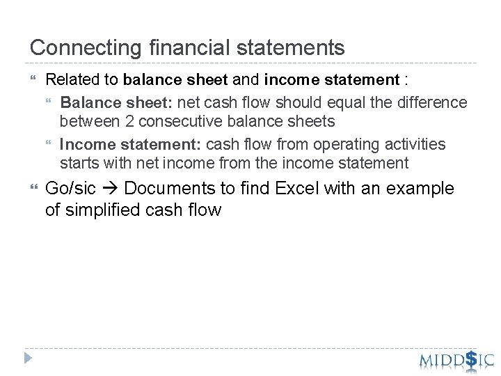 Connecting financial statements Related to balance sheet and income statement : Balance sheet: net