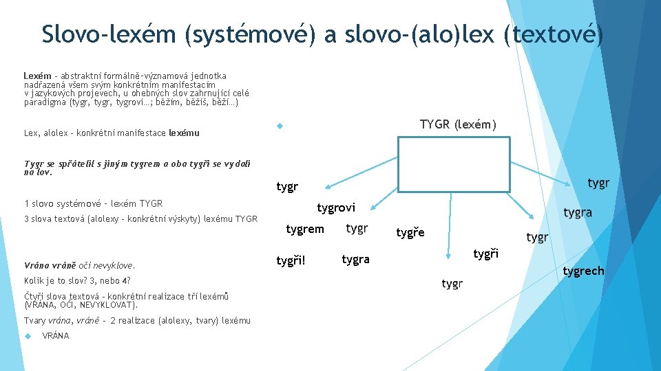 Slovo-lexém (systémové) a slovo-(alo)lex (textové) Lexém - abstraktní formálně‑významová jednotka nadřazená všem svým konkrétním