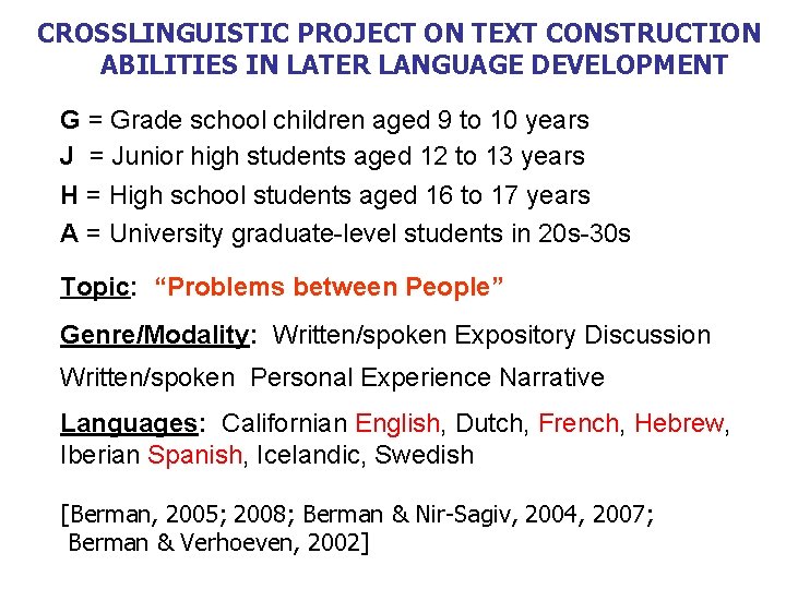 CROSSLINGUISTIC PROJECT ON TEXT CONSTRUCTION ABILITIES IN LATER LANGUAGE DEVELOPMENT G = Grade school