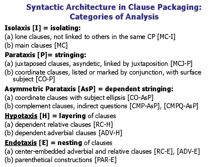 Syntactic Architecture in Clause Packaging: Categories of Analysis Isolaxis [I] = isolating: (a) lone
