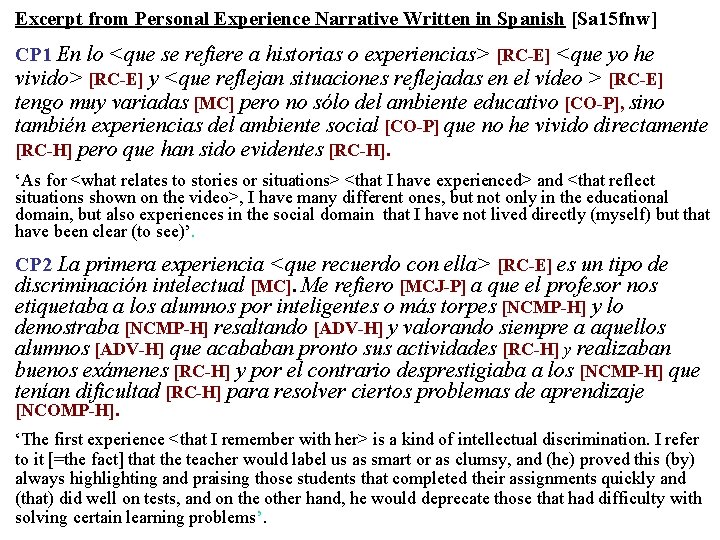 Excerpt from Personal Experience Narrative Written in Spanish [Sa 15 fnw] CP 1 En