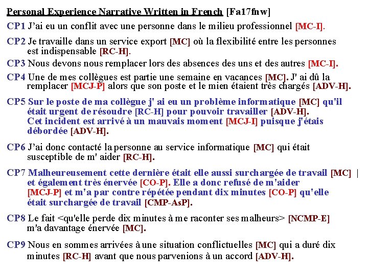 Personal Experience Narrative Written in French [Fa 17 fnw] CP 1 J’ai eu un