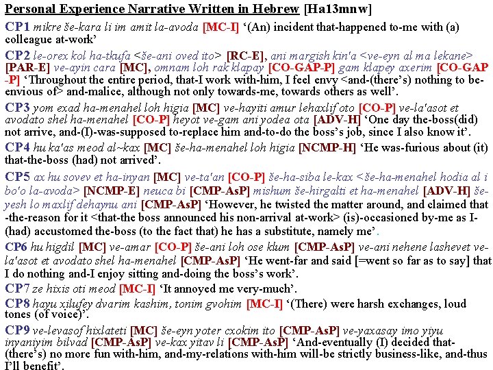 Personal Experience Narrative Written in Hebrew [Ha 13 mnw] CP 1 mikre še-kara li
