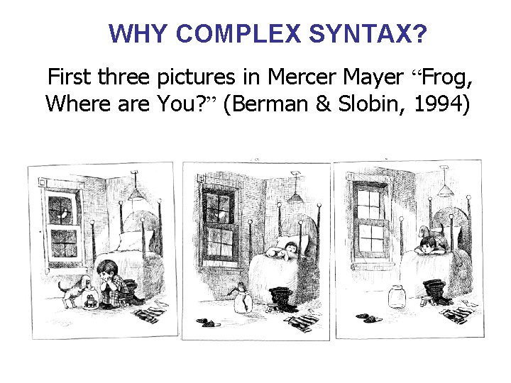 WHY COMPLEX SYNTAX? First three pictures in Mercer Mayer “Frog, Where are You? ”