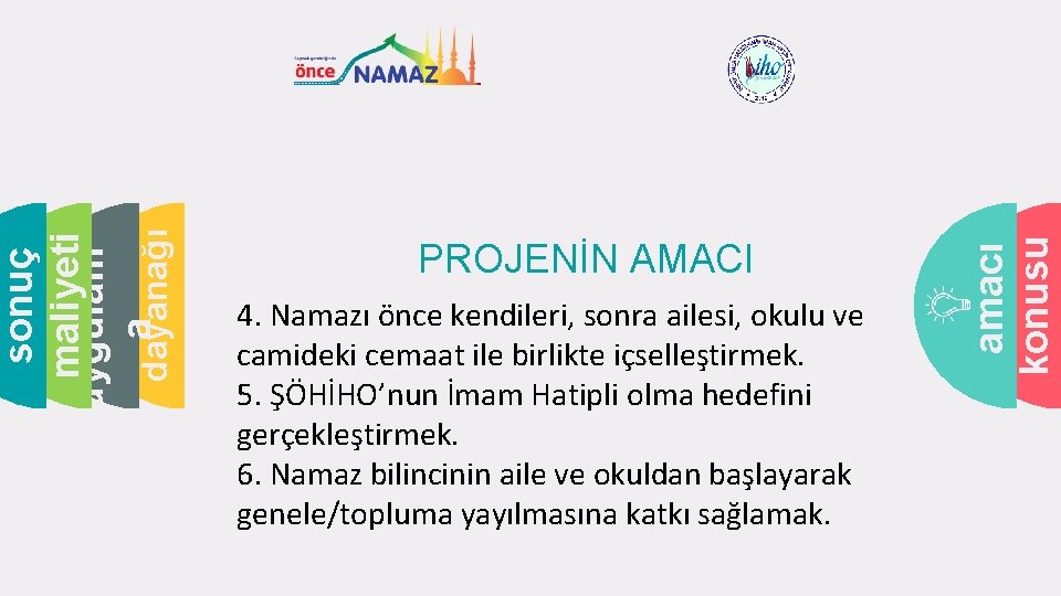 4. Namazı önce kendileri, sonra ailesi, okulu ve camideki cemaat ile birlikte içselleştirmek. 5.