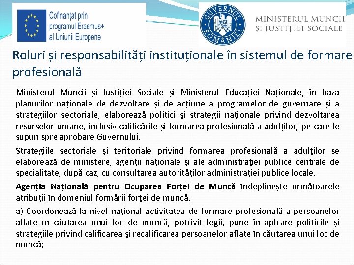 Roluri și responsabilități instituționale în sistemul de formare profesională Ministerul Muncii și Justiției Sociale