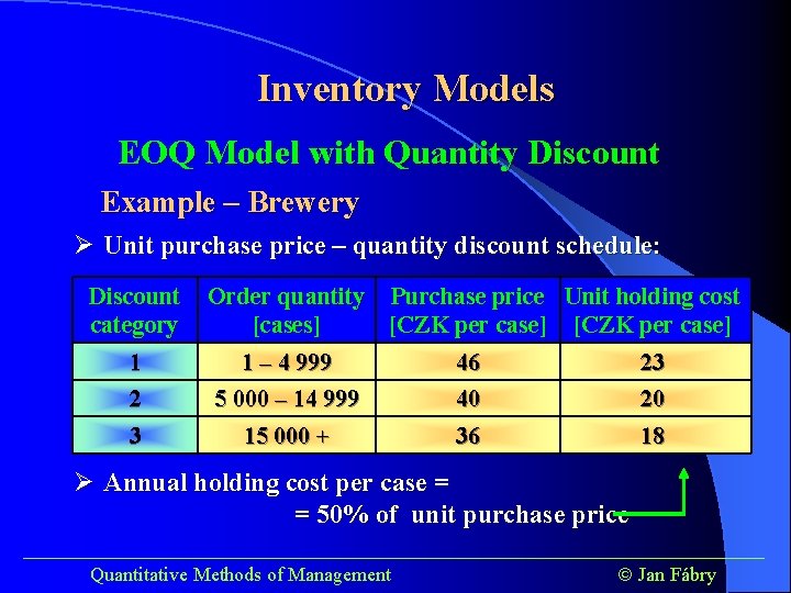 Inventory Models EOQ Model with Quantity Discount Example – Brewery Ø Unit purchase price